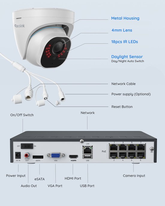 Reolink 4K UHD PoE-beveiligingscamerasysteem RLK8-800D4 - 8CH NVR met ingebouwde 2 TB HDD - 4 Stuks 4K/8MP PoE Bedrade Koepelcamera's met Persoons- En Voertuigdetectie - 30 m Haarscherp Nachtzicht - 24/7 Opname — afbeelding 5