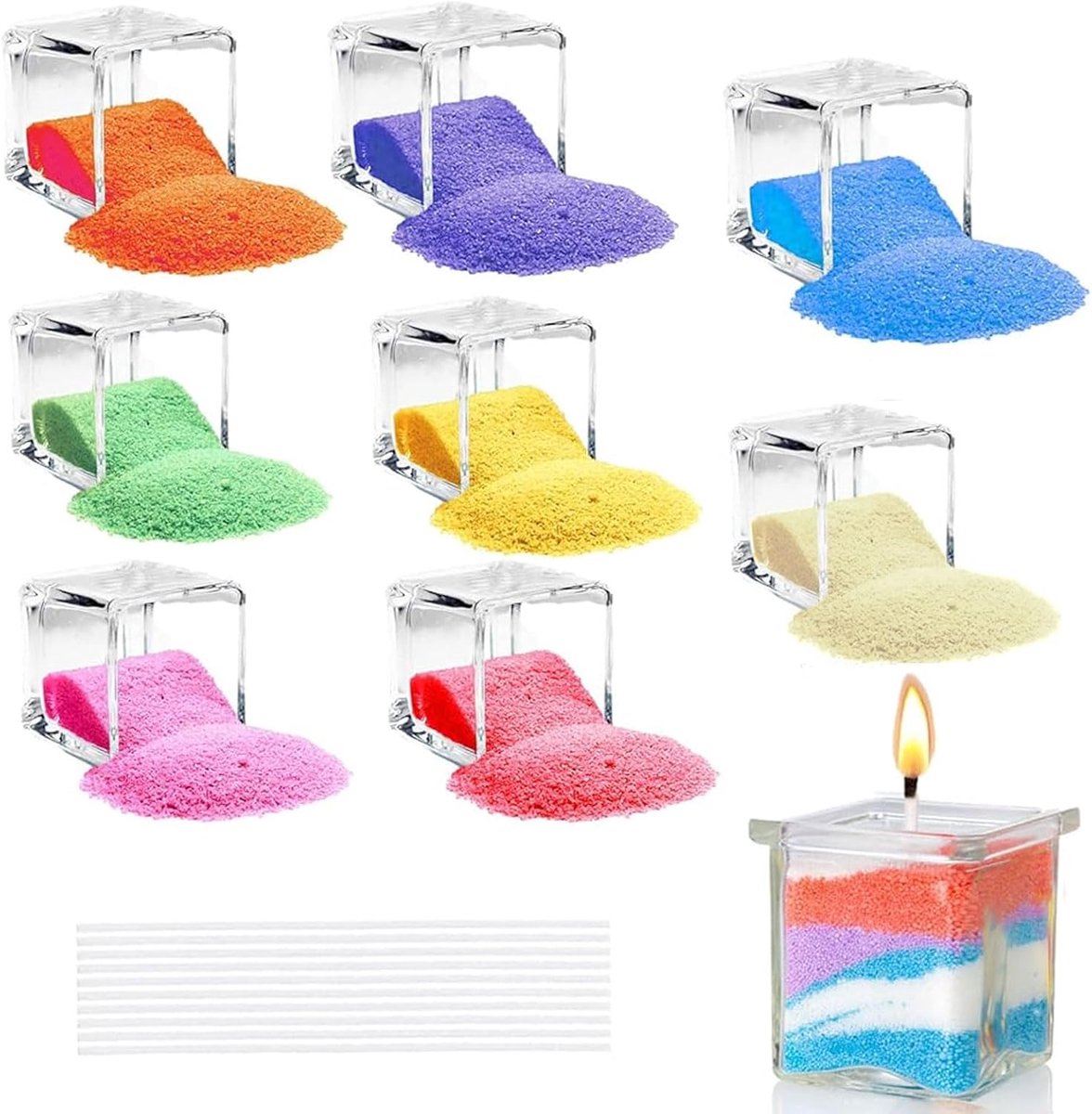 Imperatoris - Kaarsenzand - Kaarsen Zand - Burning Sand - Candle Sand - Herbruikbaar - Poederkaars - 240 g - 8 Kleuren met 10 Lonten