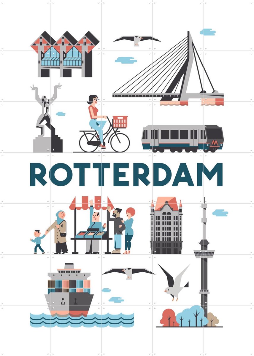 IXXI Rotterdam, Jochem Coenen & Kunst in Kaart - 100 x 140 cm - Gratis ophangtool - Grote wanddecoratie en posters - Illustraties, Grafisch Ontwerp
