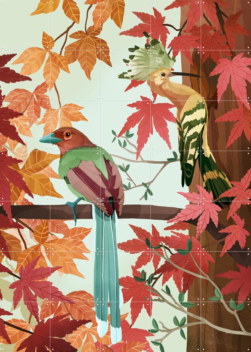 IXXI Birds of Autumn, Goed Blauw - 100 x 140 cm - Gratis ophangtool - Grote wanddecoratie en posters - Speels, Illustraties, Digitale Kunst