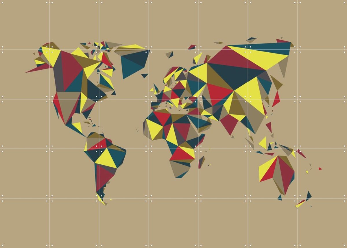 IXXI World Map 3D Retro, Kunst in Kaart - 140 x 100 cm - Gratis ophangtool - Grote wanddecoratie en posters - Geometrische Kunst, Retro, Abstract
