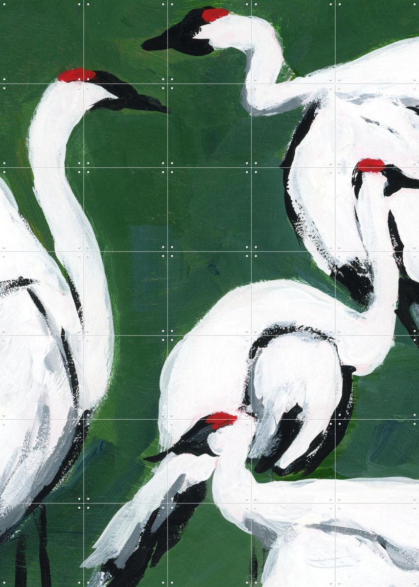 IXXI Cranes on Dark Green, Green Barn Studio - 100 x 140 cm - Gratis ophangtool - Grote wanddecoratie en posters - Olieverf, Kwaststreken, Abstract