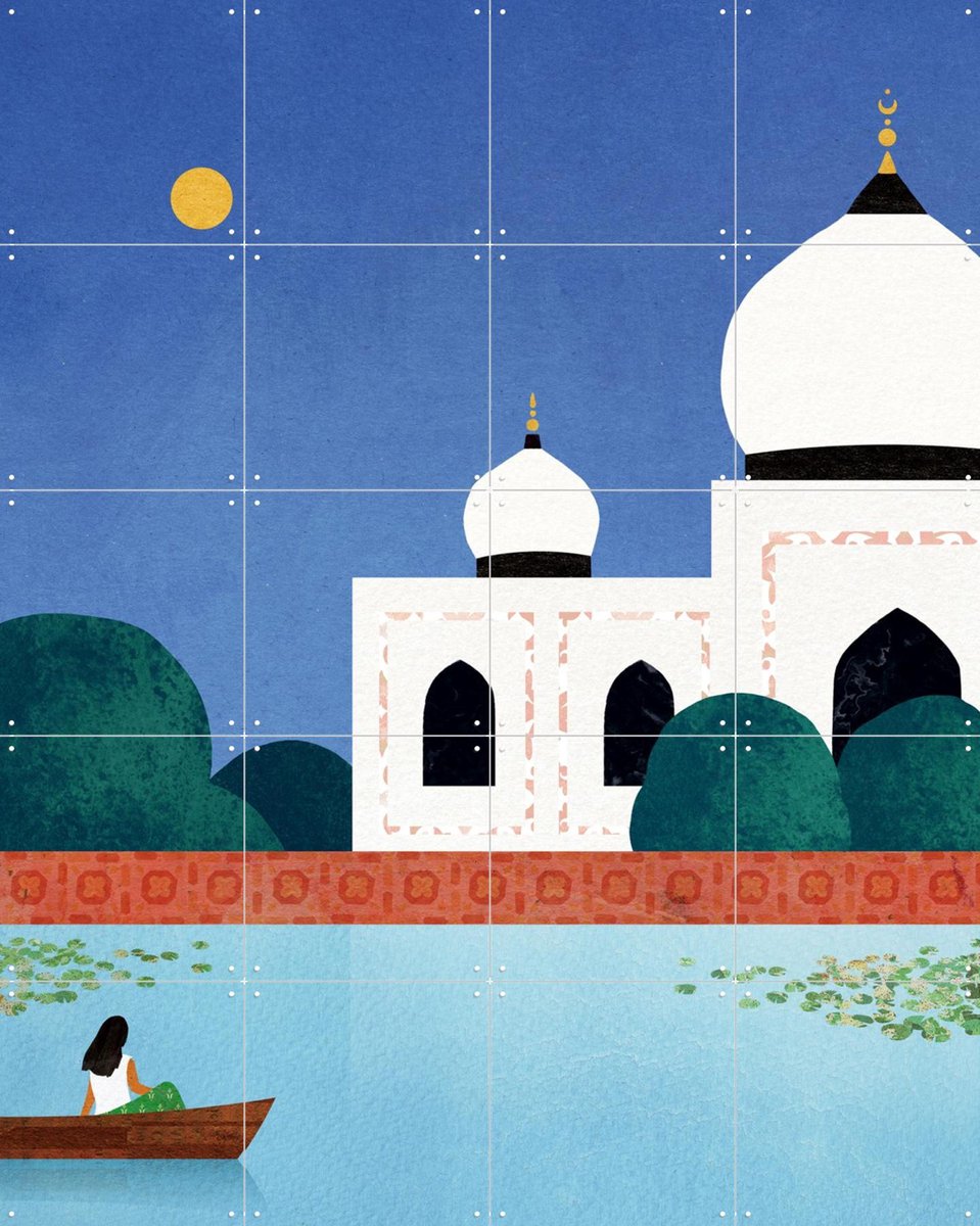 IXXI Taj Mahal Boat Ride, Henry Rivers - 80 x 100 cm - Gratis ophangtool - Grote wanddecoratie en posters - Aquarel, Illustraties, Kleurrijk, Grafisch