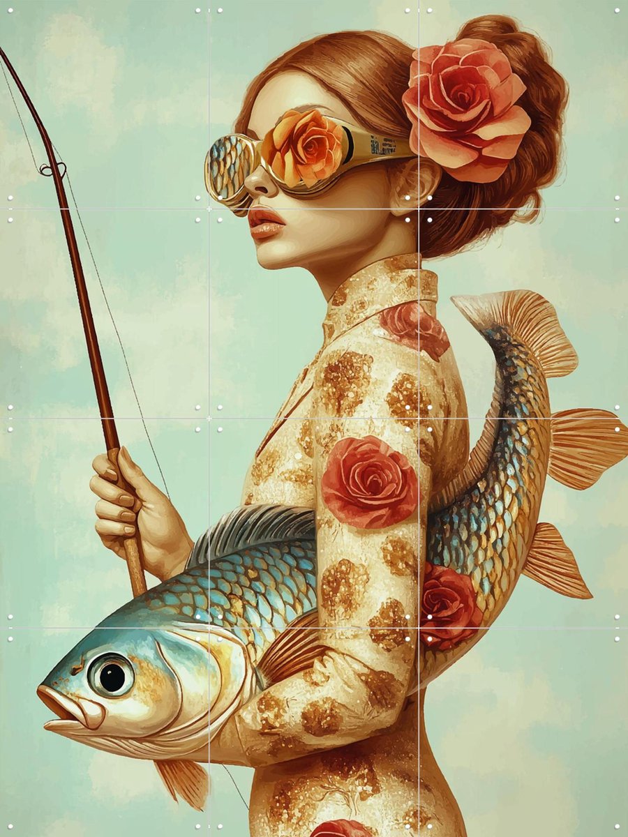 IXXI High fishion, Mirjam Duizendstra - 60 x 80 cm - Gratis ophangtool - Grote wanddecoratie en posters Woonkamer, Portretten, Vissen, Bloemen