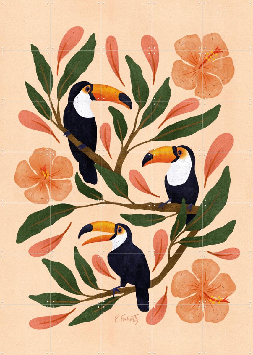 IXXI Toucans in the Hibiscus, Rebecca Flaherty - 100 x 140 cm - Gratis ophangtool - Grote wanddecoratie en posters - Kleurrijk, Speels, Illustraties