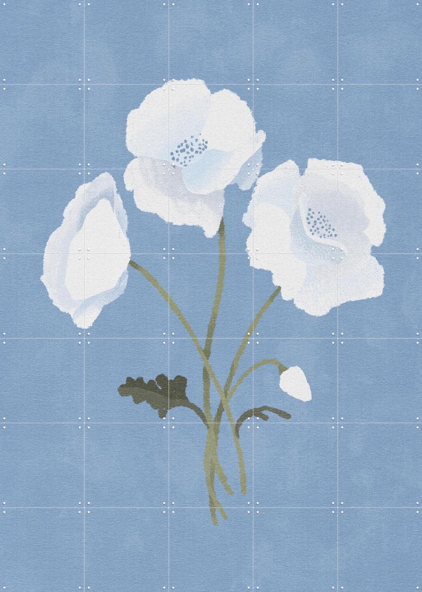 IXXI White Flowers, Goed Blauw - 100 x 140 cm - Gratis ophangtool - Grote wanddecoratie en posters - Illustraties, Minimalisme, Woonkamer, Slaapkamer