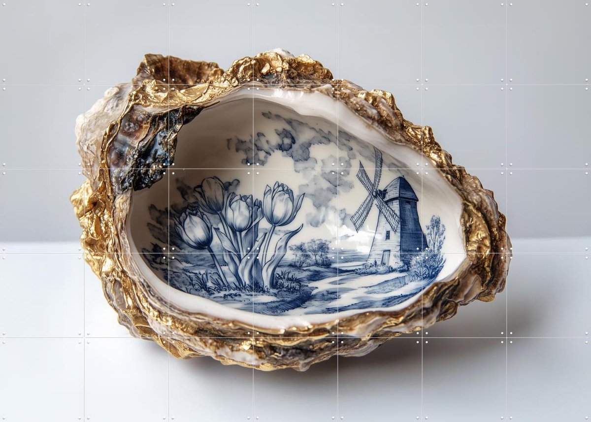 IXXI Delfts Blauwe Oester 2, Margriet Hulsker - 140 x 100 cm - Gratis ophangtool - Grote wanddecoratie en posters - Naturalisme, Klassiek, Keuken
