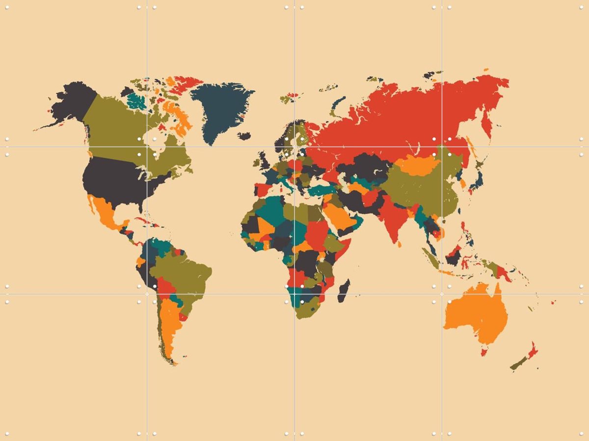 IXXI World Map Mosaic Autumn, Kunst in Kaart - 80 x 60 cm - Gratis ophangtool - Grote wanddecoratie en posters - Digitale Kunst, Geometrische Kunst
