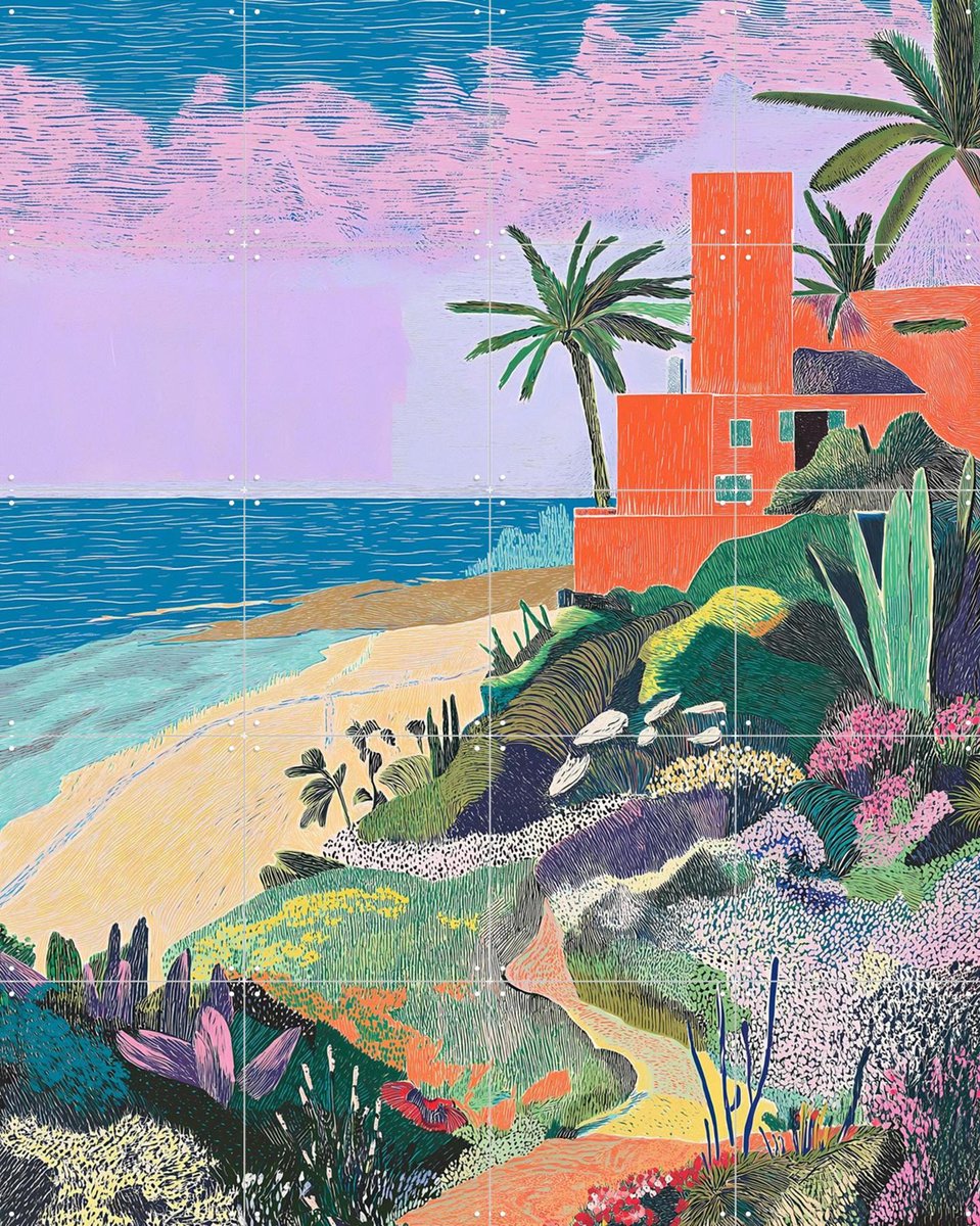 IXXI Coastal Garden, Artclaud - 80 x 100 cm - Gratis ophangtool - Grote wanddecoratie en posters - Illustraties, Kleurrijk, Woonkamer, Landschappen