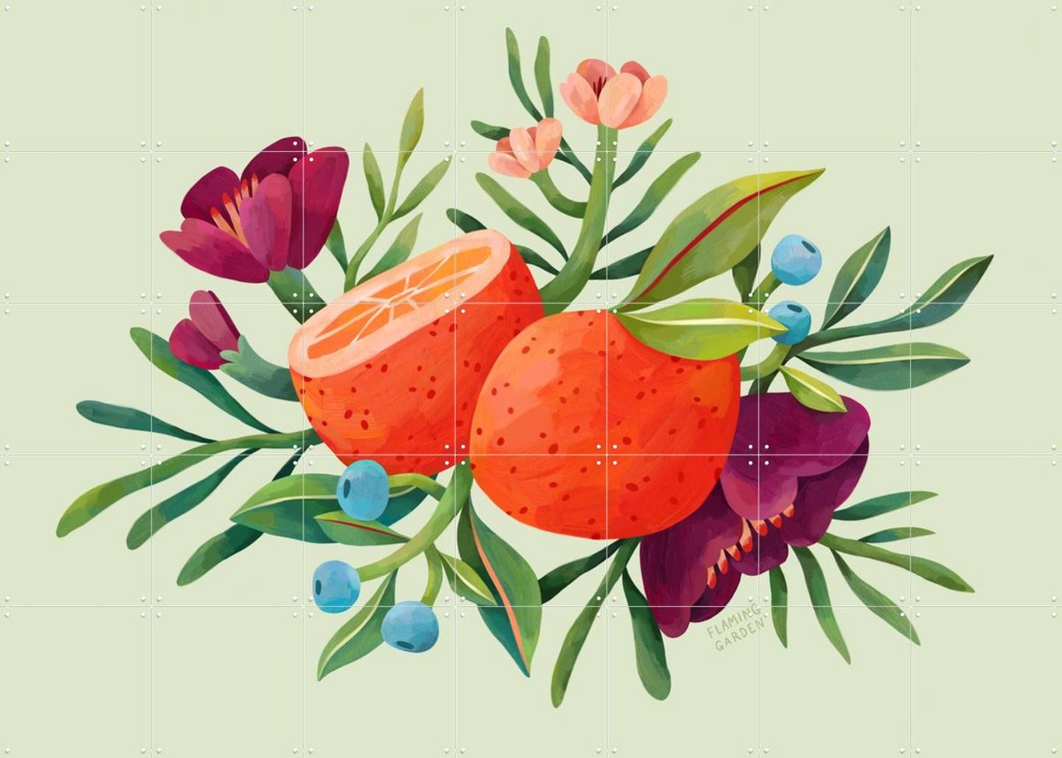 IXXI Orange Summer, Flaming Garden - 140 x 100 cm - Gratis ophangtool - Grote wanddecoratie en posters - Kleurrijk, Illustraties, Speels, Digitale