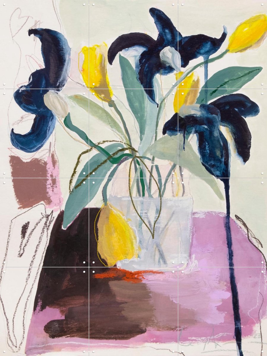 IXXI Blue Iris and Daffodils, Leigh Viner - 60 x 80 cm - Gratis ophangtool - Grote wanddecoratie en posters - Abstract, Olieverf, Kleurrijk, Eetkamer