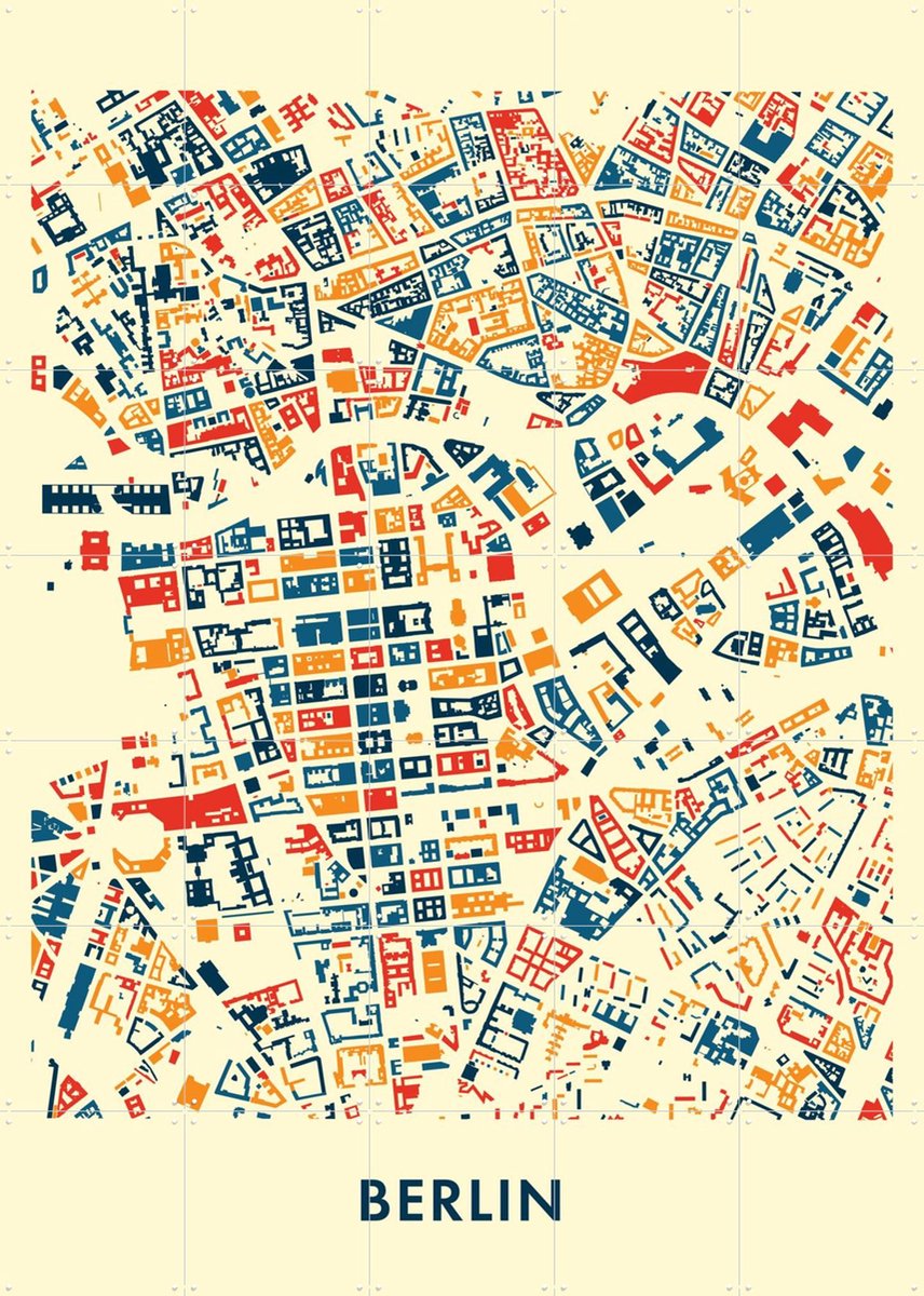 IXXI Berlin Mosaic City Map, Kunst in Kaart - 100 x 140 cm - Gratis ophangtool - Grote wanddecoratie en posters - Digitale Kunst, Illustraties