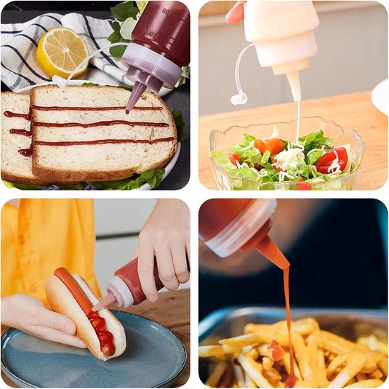 Deze vierdelige set sausflessen bevat knijpflesjes van 360 ml, kruidenflesjes en transparante, zachte plastic flesjes, geschikt voor sauzen, mosterd, ketchup, mayonaise, olijfolie, enz. van Merkloos — afbeelding 3