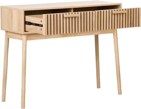 Lichthouten consoletafel met twee lades, waarvan één open is.
