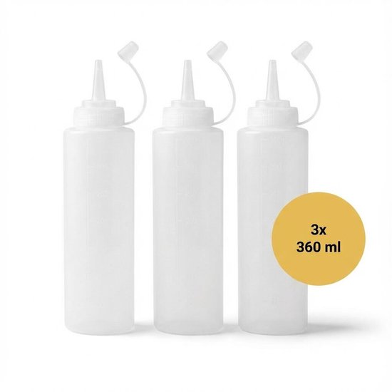 Drie witte knijpflessen met witte dopjes. Cirkel met tekst: 3x 360 ml.