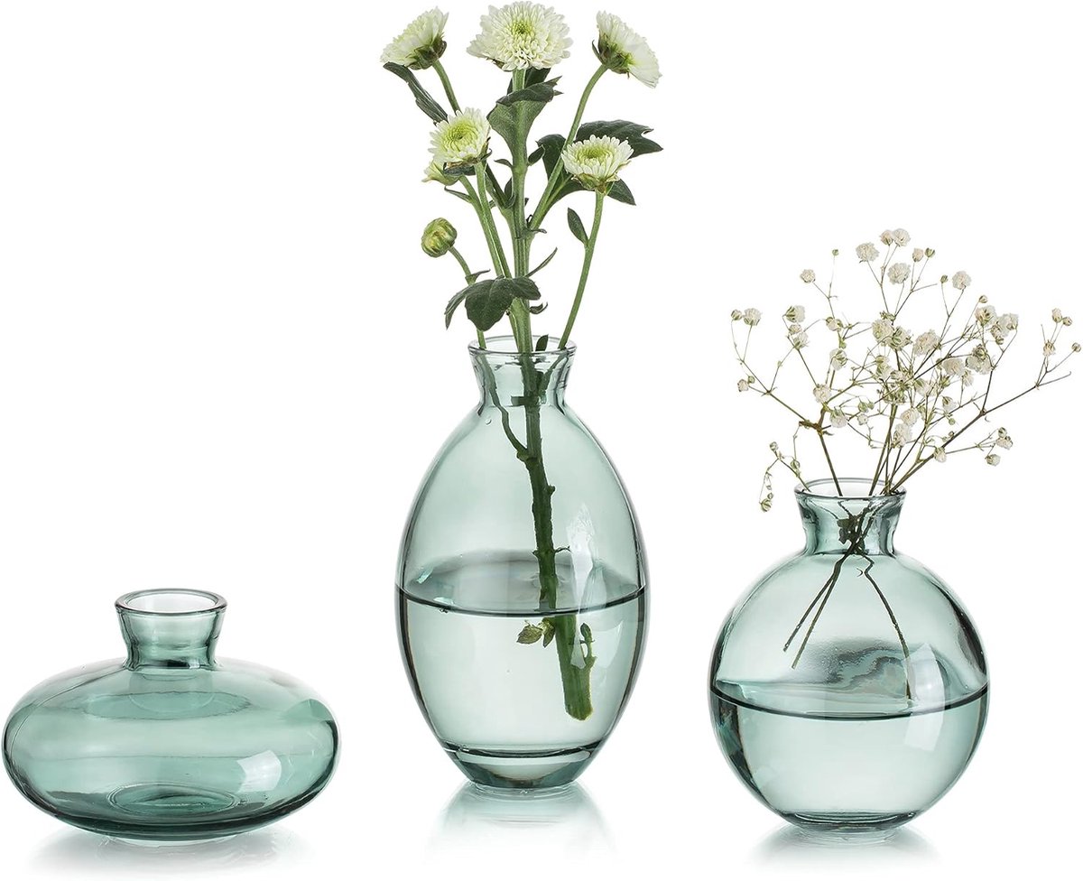 Famanu Kleine Vaas Voor Tafeldecoratie Handgemaakte Glazen Vazen Voor Bloemen - 3 - Delige Groene Vintage Knopvazen Esthetische Minivaasset Voor Kawaii Woonkamerinrichting Bruiloftsdecoraties Groente