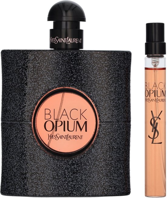 Yves Saint Laurent Black Opium flacon en rollerball, beide met glinsterende zwarte afwerking.