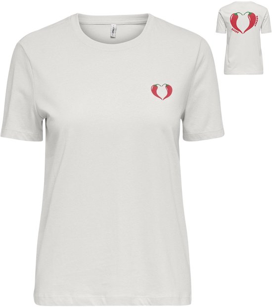 Wit t-shirt met een klein hartje van twee rode pepers op de borst.