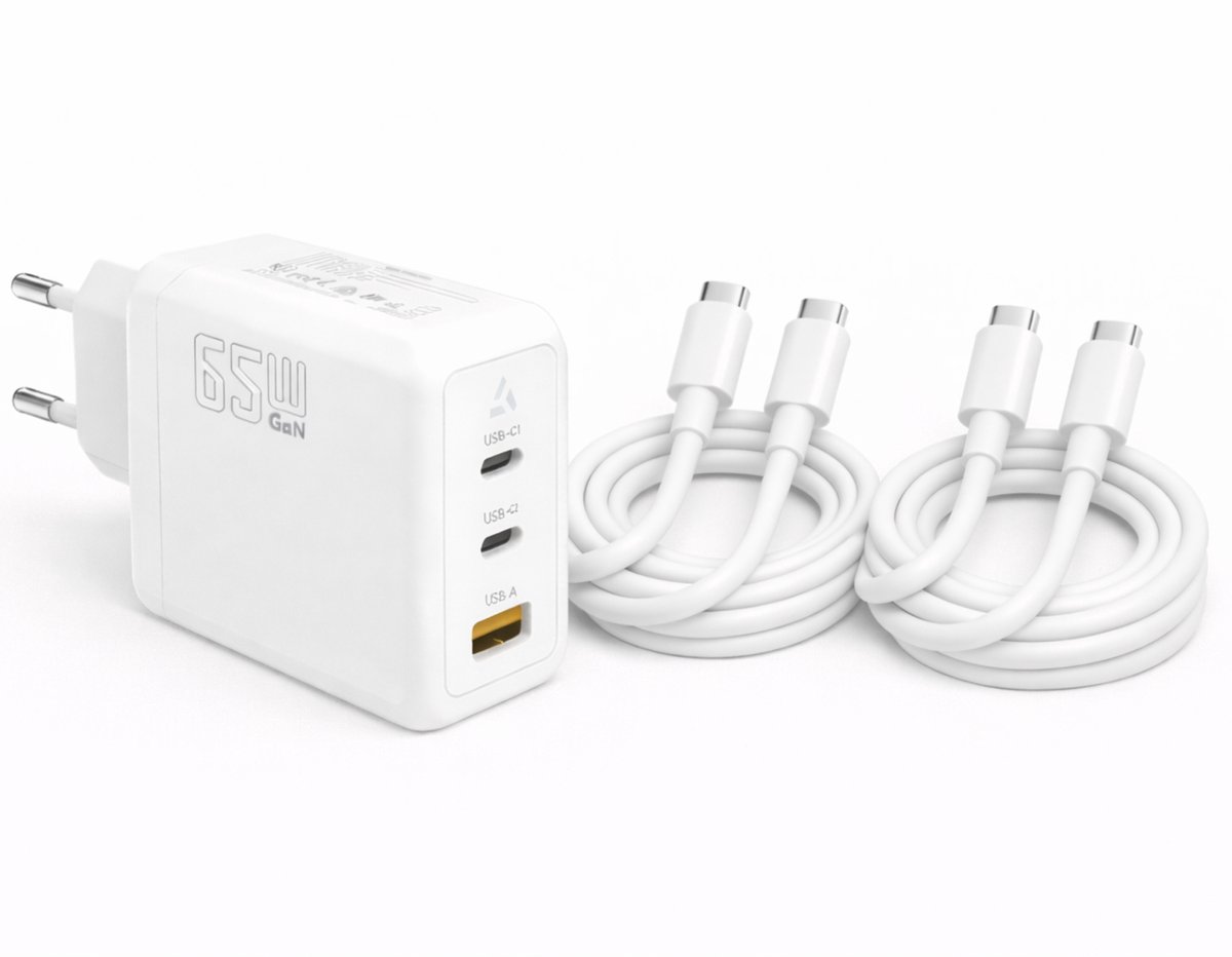 Vastiq Power® GaN 65W USB-C Snellader Set – 2× USB-C naar USB-C Kabel 2m – Power Delivery – Laptop & Tablet