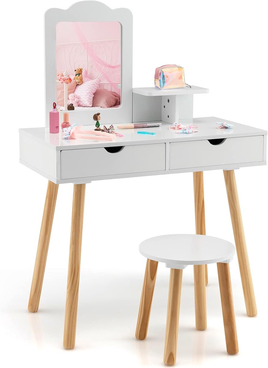 KOMFOTTEU Kindermeisjeskaptafel 3-7 jaar, 2-in-1 houten kaptafel met afneembare spiegel en kruk, make-uptafel en bureau met 2 lades, opbergplank