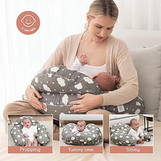 Mogi Products-Luxe Multifunctioneel Voedingskussen - Ergonomisch Borstvoedingskussen met Wolkenprint - Flesvoeding kussen - Grijs/Wit - Afneembare Hoes van Merkloos — afbeelding 4