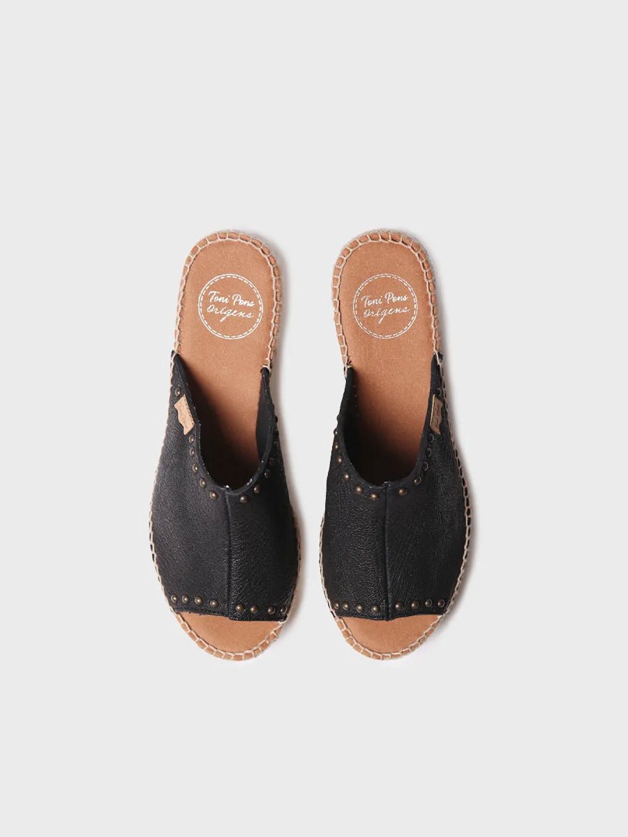 Dames espadrille zonder achterkant van leer met sleehak en studs | MODENA
