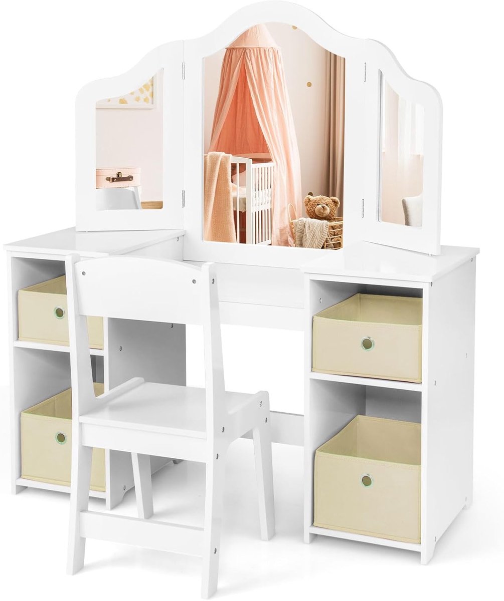 KOMFOTTEU Make-uptafel voor kinderenvanaf 3 jaar, met stoel, kaptafel met afneembare spiegel, houten make-uptafel