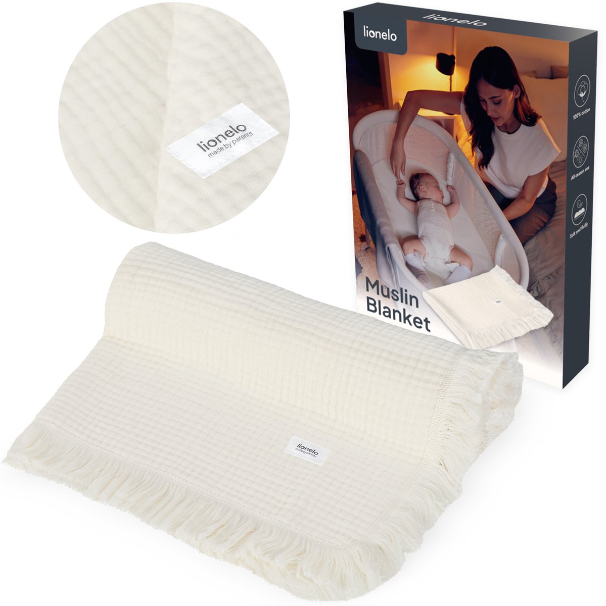 Lionelo Muslin Blanket Mousseline deken 70×100 cm – 6-Laagse Katoenen Babydeken – Ademend & Zacht – Voor Alle Seizoenen – Met Decoratieve Franjes – Inbakerdoek & Badhanddoek – Cadeauverpakking