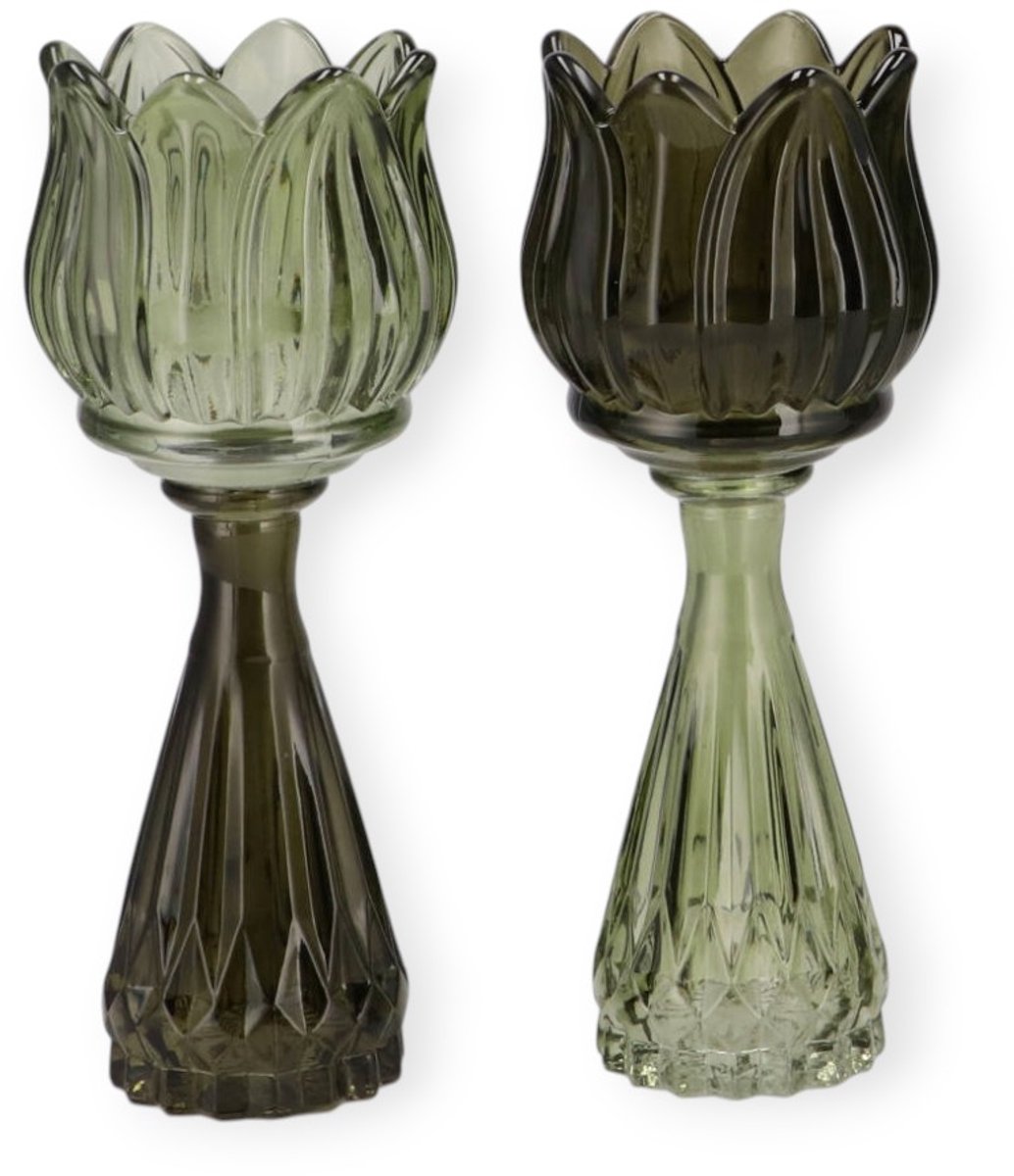 Daan Kromhout - Waxine houders - Kaarsenhouders - Set van 2 - Tulp - Glas - Groen Mix - 7x18cm