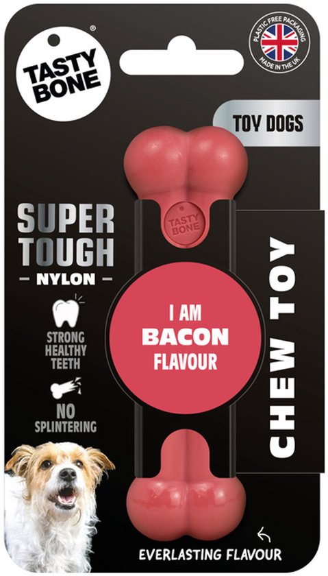 Verpakking met rood speelgoed 'Tasty Bone Chew Toy' voor kleine honden, met spekBacon smaak.
