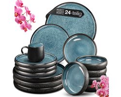 Moritz & Moritz SOLID 24-delig Serviesset 6 Persoons - Modern Borden Set in Blauw - Aardewerk Koffieservies met Borden, schalen en Kopjes - Combinatieservies
