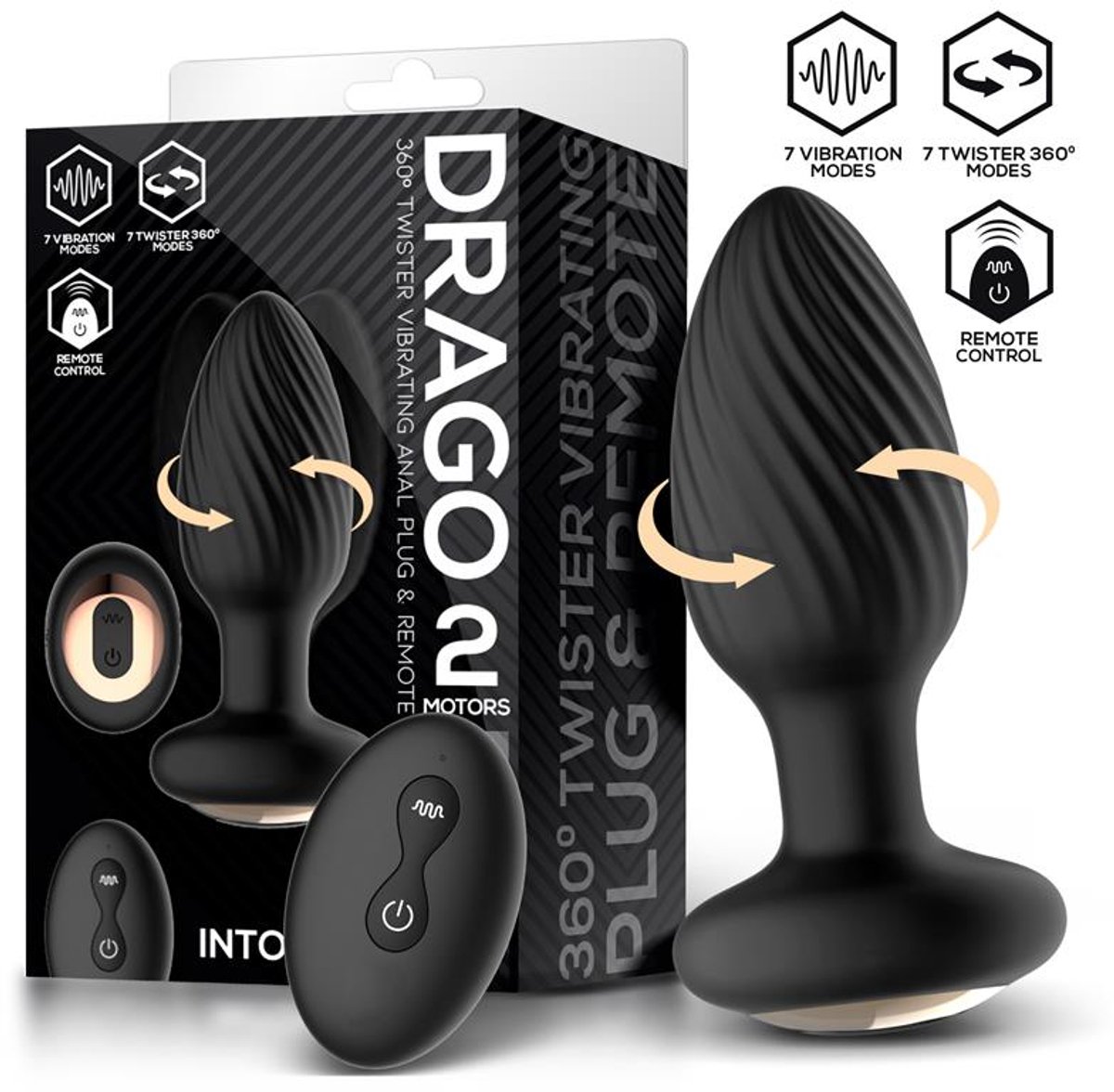 IY Drago - Vibrerende Buttplug - 360° Twister Beweging met Afstandsbediening - Zwart