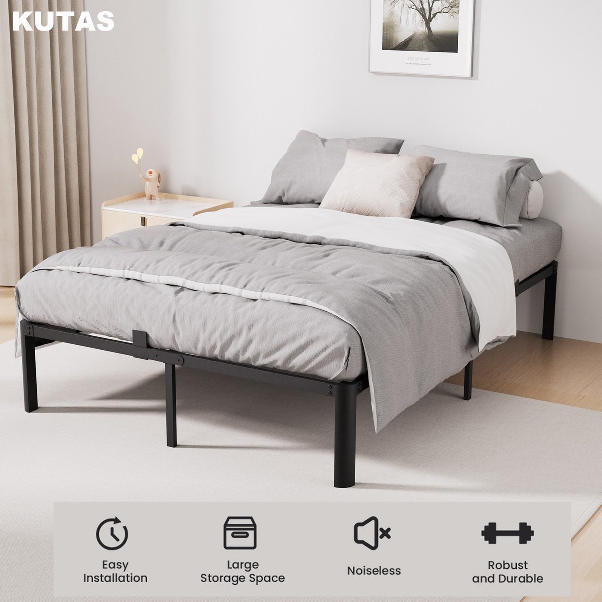 KUTAS® Metalen bedframe - Metalen bed 160x200 cm - Voor 2 Personen - Tweepersoonsbedden - IJzeren Bed - Grote Opbergruimte - Stevig - Stil - Anti Slip - Draagkracht 480 kg - Zwart