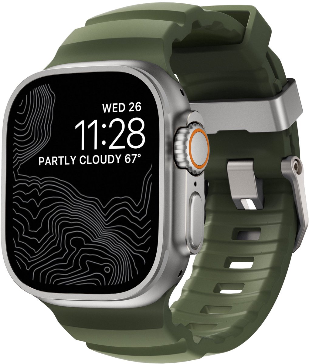 Nomad Rocky Point Horlogeband / Natural Hardware 45/46/49mm – Gemaakt van Duurzaam FKM Fluorelastomeer – Waterbestendig en Ventilatiegroeven – Compatibel met Alle Apple Watch Modellen - Groen