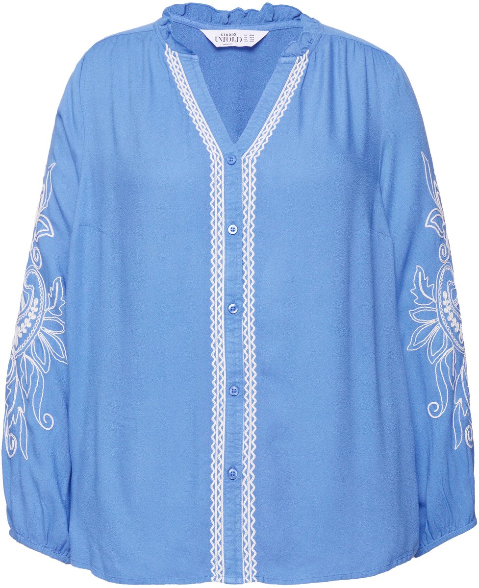 Studio Untold - Dames - Blouse loose shape borduursels - Jeansblauw - Maat 54+