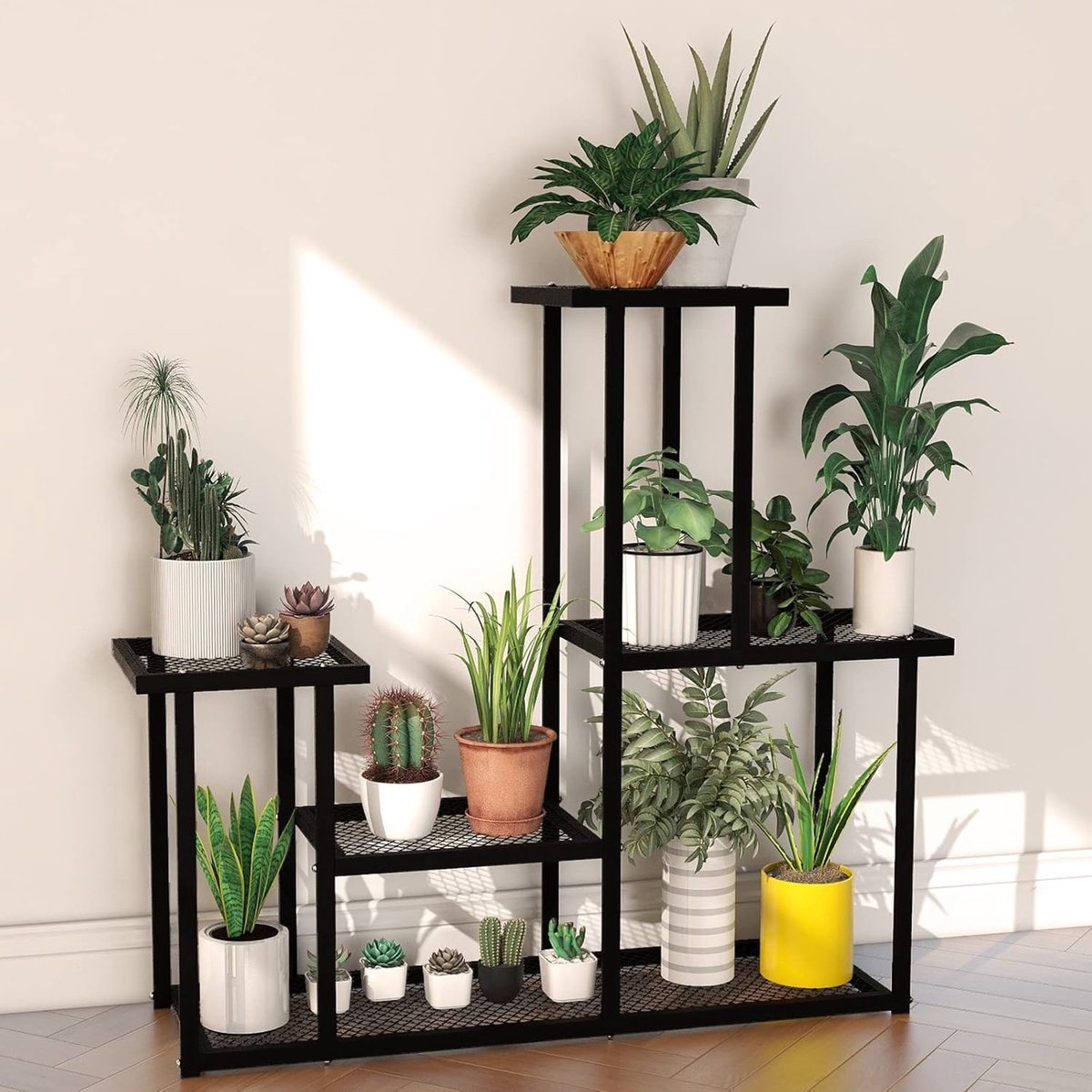 MELVRA Plantenstandaard - Bloemenstandaard - Maat M - Plantenrek met meerdere verdiepingen - Voor Binnen & Buiten - Woonkamer, Balkon & Tuin - Zwart