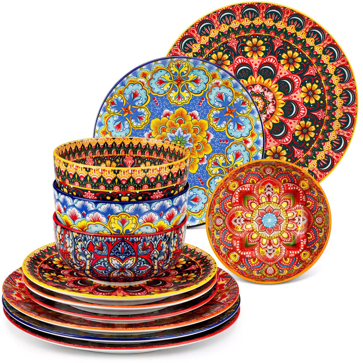 Serviesset - Bohemian Stijl - 4 Persoons Servies - Porselein - Dinerborden - Dessertborden - Ontbijtkommen - 12-delige Set