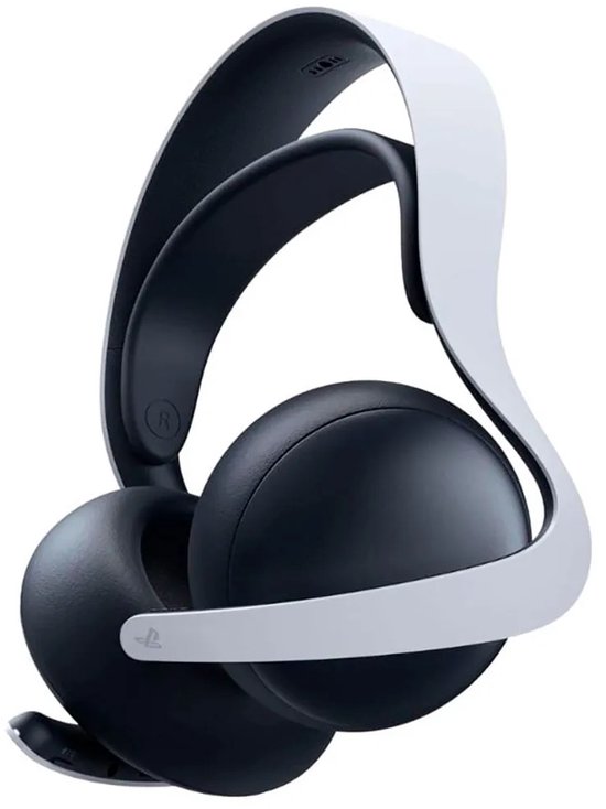 Zwarte gaming headset met witte hoofdband. PlayStaton logo op de oorschelp.