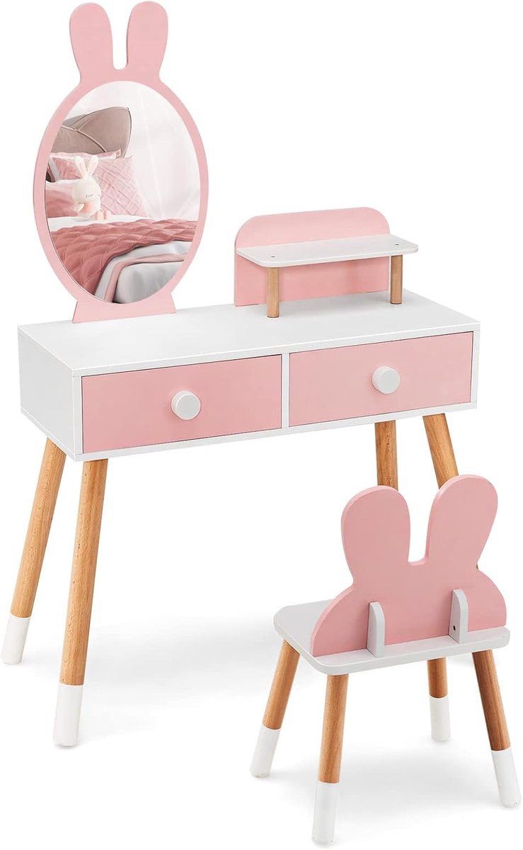 KOMFOTTEU Make-uptafelset voor kinderen, met spiegel, 2-in-1 kaptafel met hazenoorvormige kruk en spiegel, dubbele laden, plank, massief hout, cosmeticaset voor kinderkamer