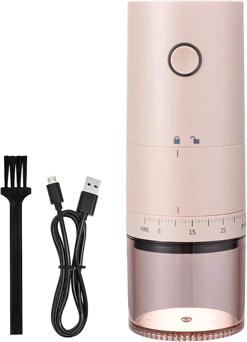 Oplaadbare elektrische koffiemolen met USB-aansluiting, keramische maalschijf, instelbare maalgraad, stil en draagbaar.