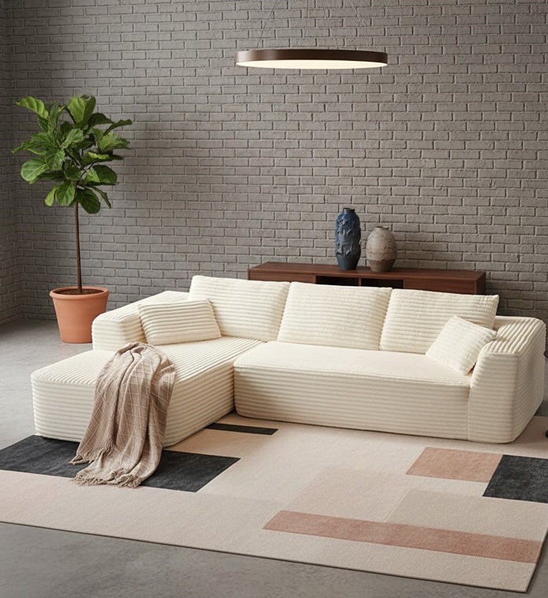 Luxueuze L-vormige Modulaire Slaapbank met Chaise Longue – Beige Corduroy – 270 cm – 3-Zits Sectionele Bank met Voetenbank – Comfortabele Sofa met Hoge Dichtheid Schuim – Geen Montage Nodig House&Garden
