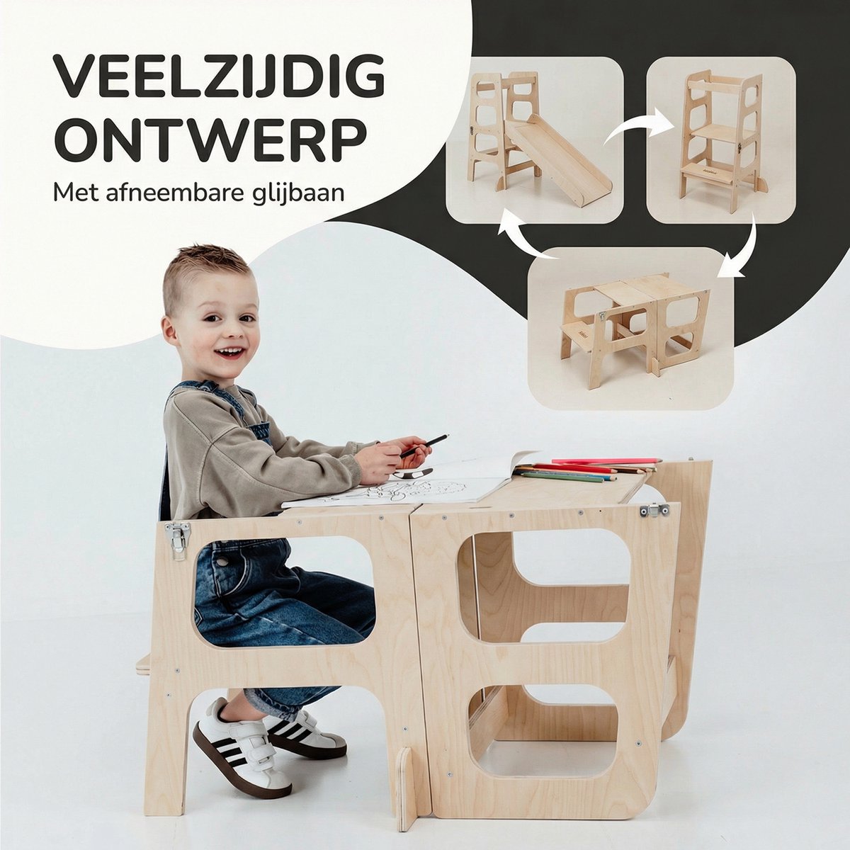 Kidzies Leertoren - Keukenhulp - 3 in 1 - Opvouwbaar - Kindertoren - Kindertrap - Glijbaan - Speeltafel - Montessori leertoren — afbeelding 3