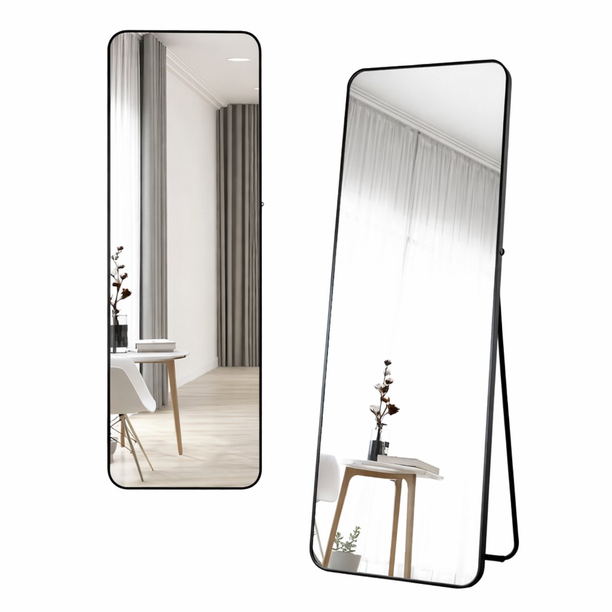 Luxaliving Passpiegel -Spiegel Staande- Zwart - Ovale Randen -Veiligheidsglas - Staande spiegel met haken- 160x50cm