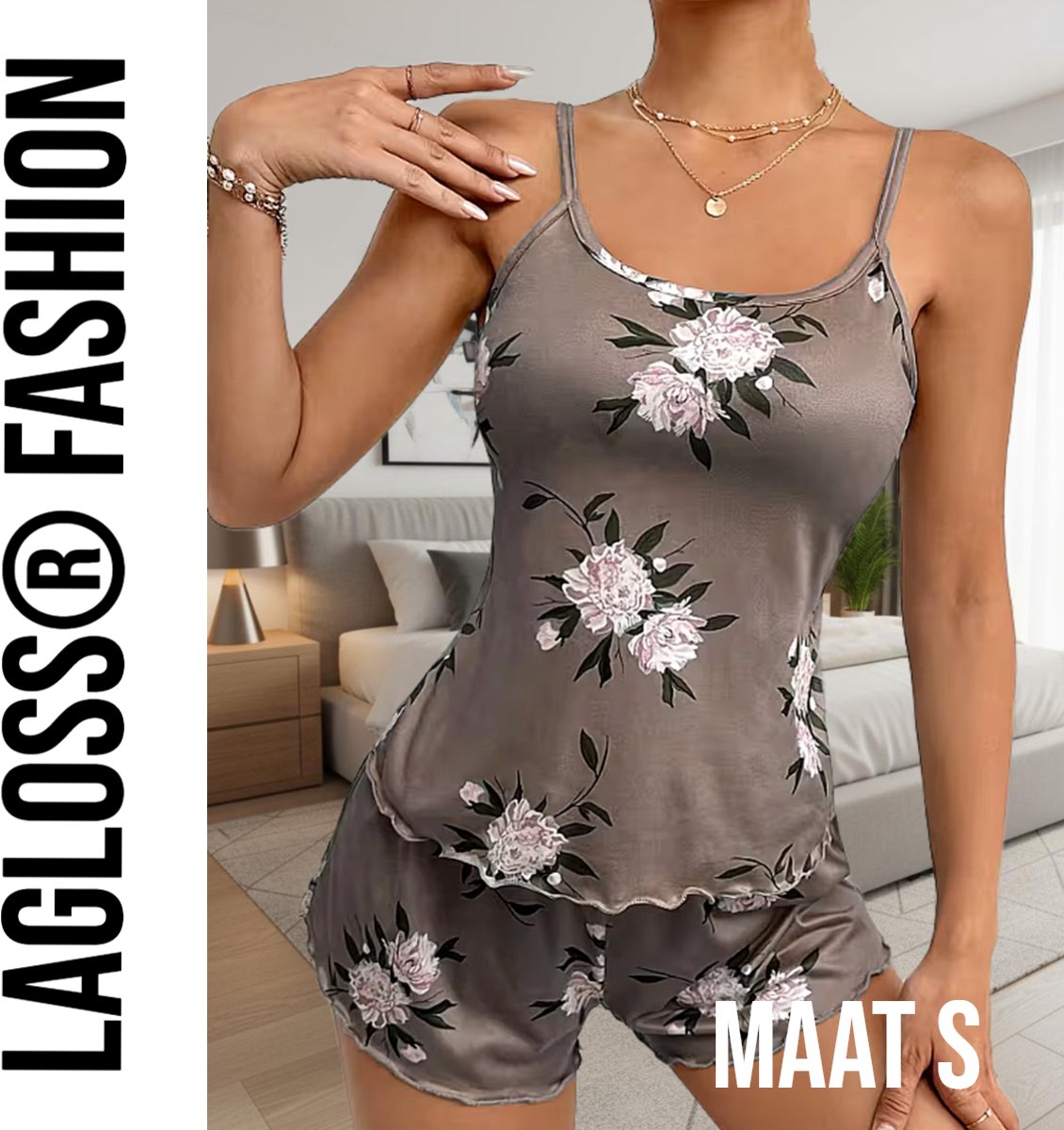 LaGloss® Dames Pyjama Set Bloemblaadjesprint – Mouwloos en Short – Luchtig en Comfortabel - Maat S