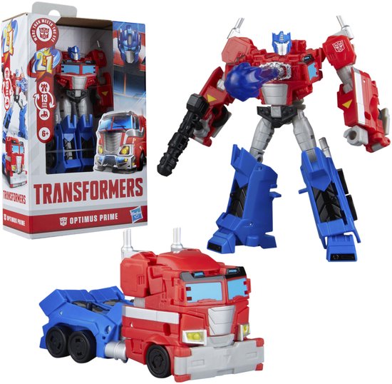 Optimus Prime robotfiguur met rode, zilveren en blauwe kleuren, en rode truck-vorm. Inclusief accessoires.