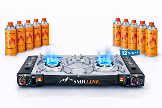SMH LINE® Dubbele Camping kooktoestel - Incl. 12x gasflessen - 2 Pits - 2x 2500W