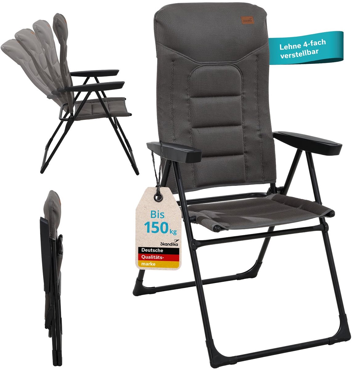 Skandika hoge stoel Kvist - Opvouwbare campingstoel, klapstoel van aluminium & staal, 4-voudig verstelbare rugleuning, belastbaar tot 150 kg, gevoerd, hoofdsteun | Stoel, camping, tuin