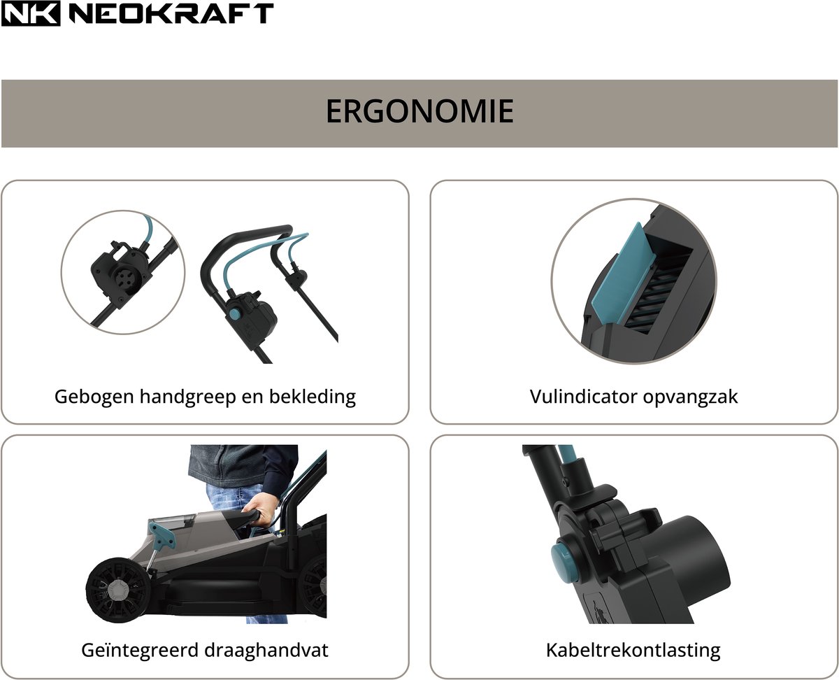 NeoKraft - Elektrische Grasmaaier - 1300W - 33 cm Maaibreedte - Incl 30L Opvangbak - 6 Maaihoogtes – foto 5