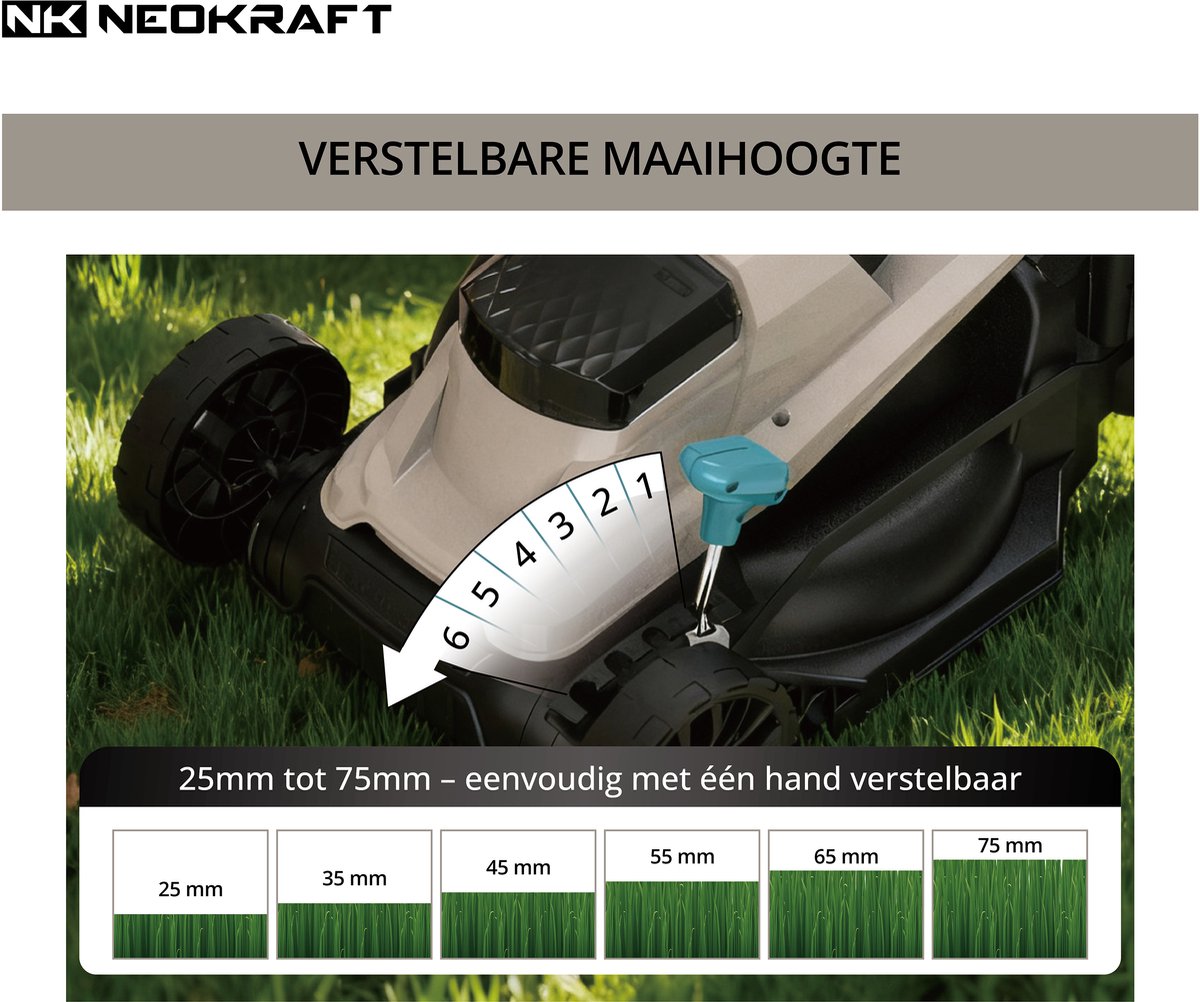 NeoKraft - Elektrische Grasmaaier - 1300W - 33 cm Maaibreedte - Incl 30L Opvangbak - 6 Maaihoogtes – foto 7