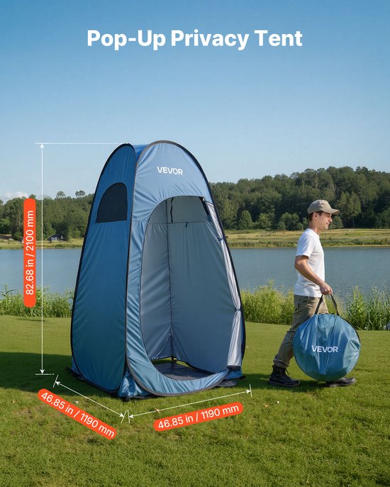 VEVOR Douchetent (119x119x210 cm) POP-Up Toilettent met Snelle Opzet, Omkleedtent Inclusief Haringen, Touwen En Draagtas, Gemaakt van 190t Polyester, Ideaal Voor Kamperen, Strand, Vissen, Blauw van Vevor — afbeelding 3